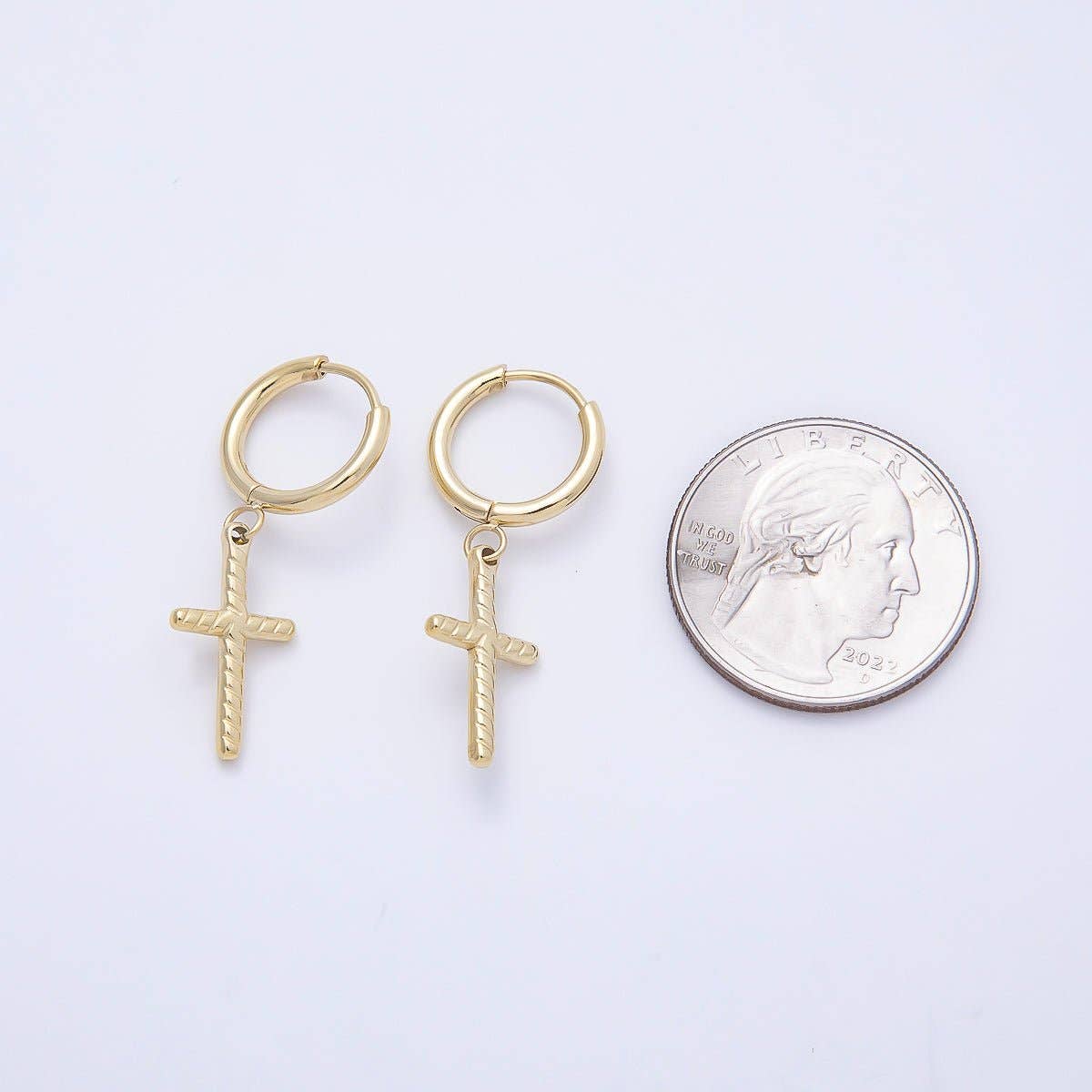 14K Gold Filled 35mm Ribbed Religious Cross Drop Huggie Earrings | Earrings-00647