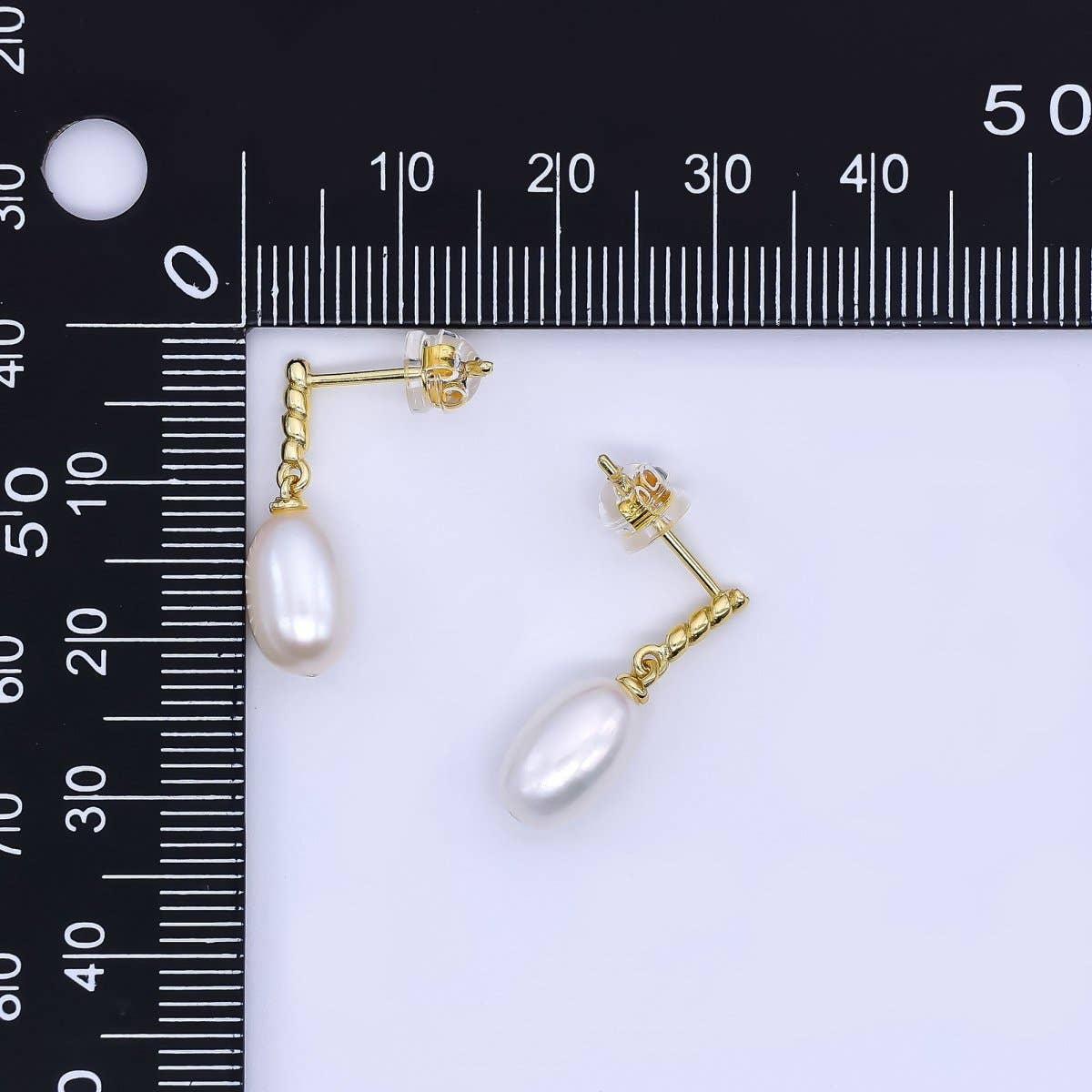 24K Gold Filled Freshwater Pearl Oval Twirly Drop Stud Earrings | Q-436