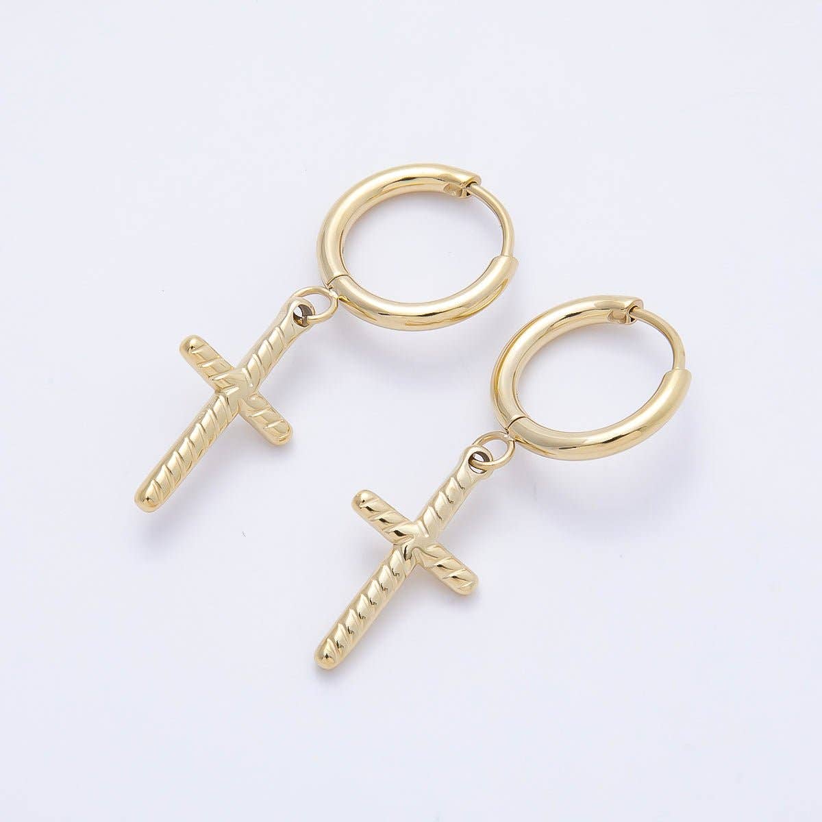 14K Gold Filled 35mm Ribbed Religious Cross Drop Huggie Earrings | Earrings-00647