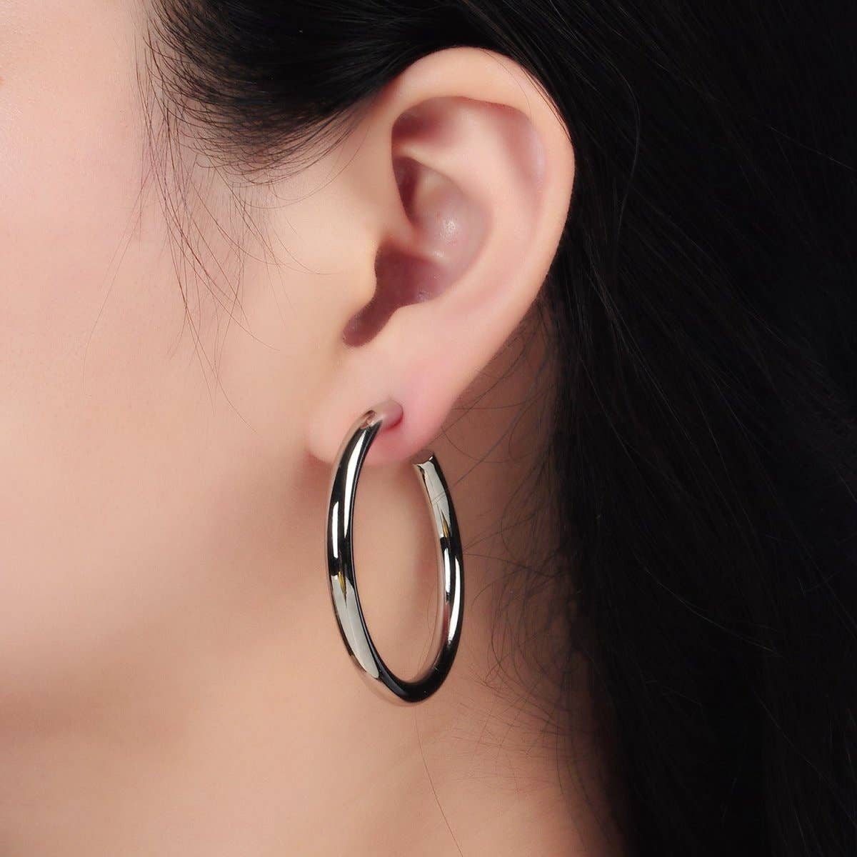 White Gold Filled 45mm Minimalist C-Shaped Hoop Earrings | AD640