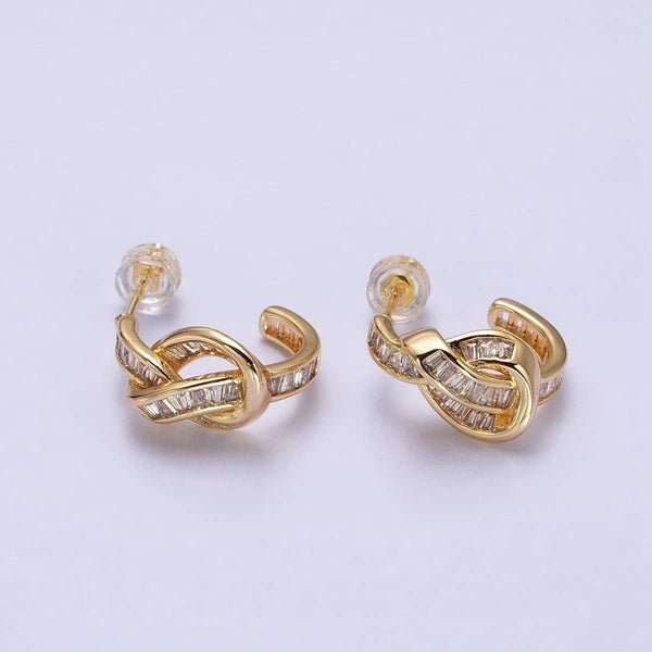 Gold Love knot Stud Earring Clear Cz Micro Pave Stone Hoop Earring AB675