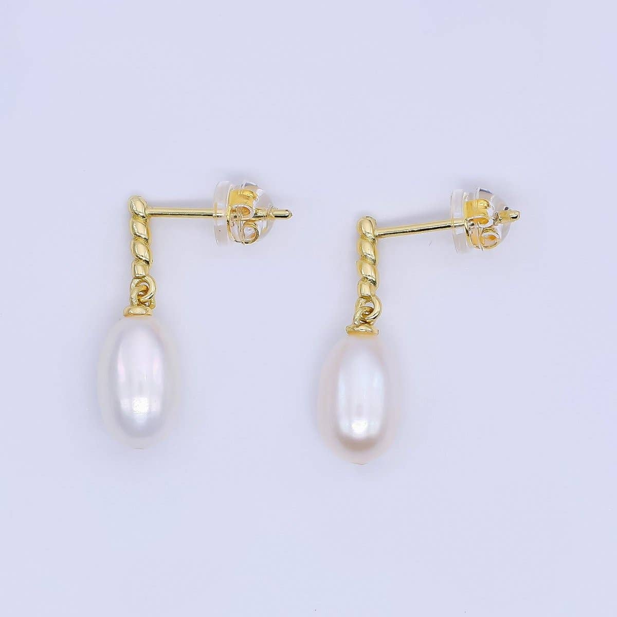 24K Gold Filled Freshwater Pearl Oval Twirly Drop Stud Earrings | Q-436