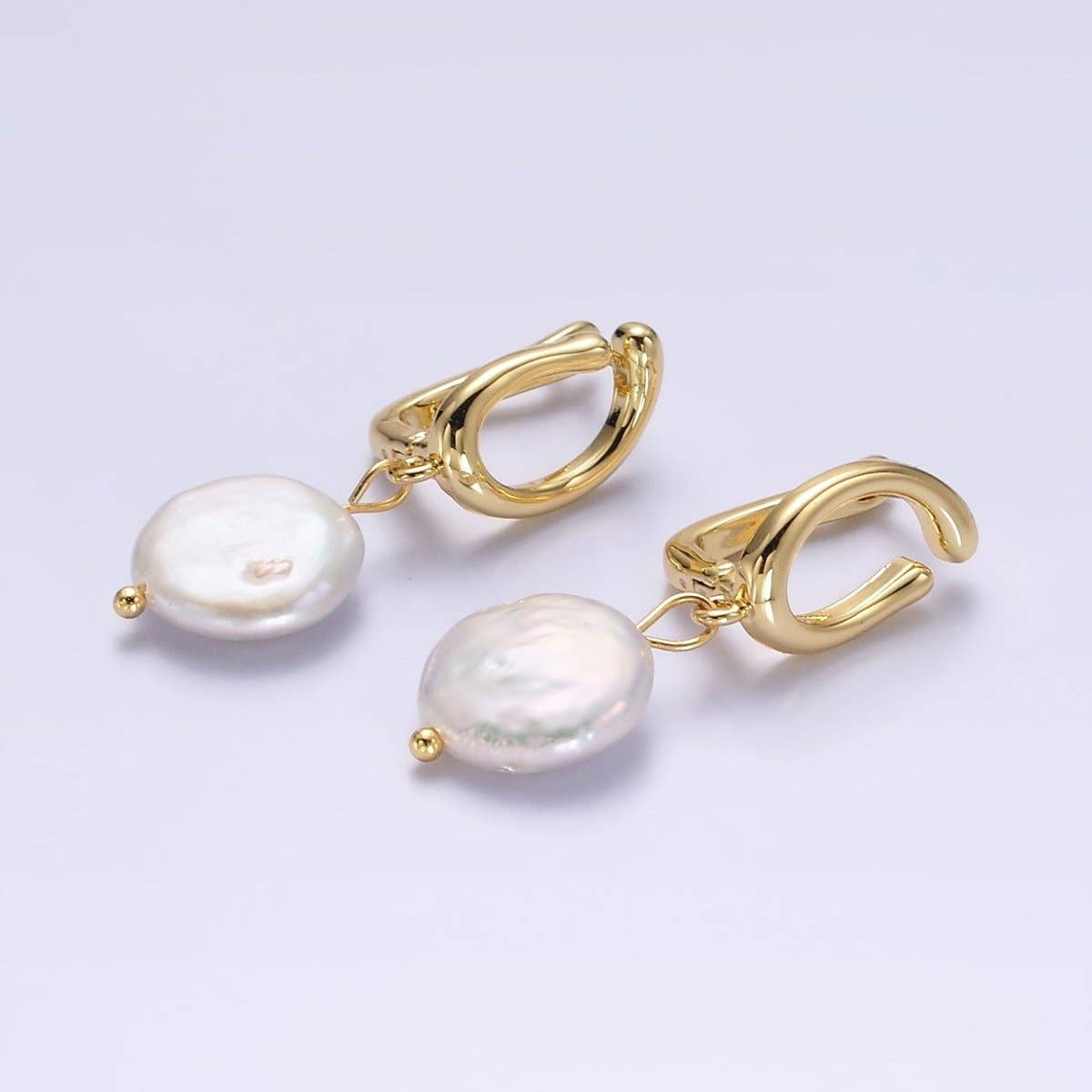 14K Gold Filled Freshwater Pearl Drop Dented Open Oblong English Lock Earrings | AE672
