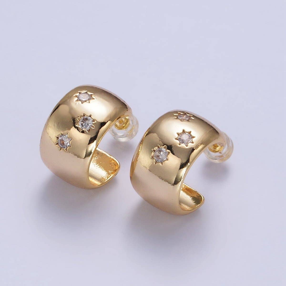 16K Gold Filled Celestial Sun Star Clear CZ Wide Dome 17mm C-Shaped Hoop Earring | AB173