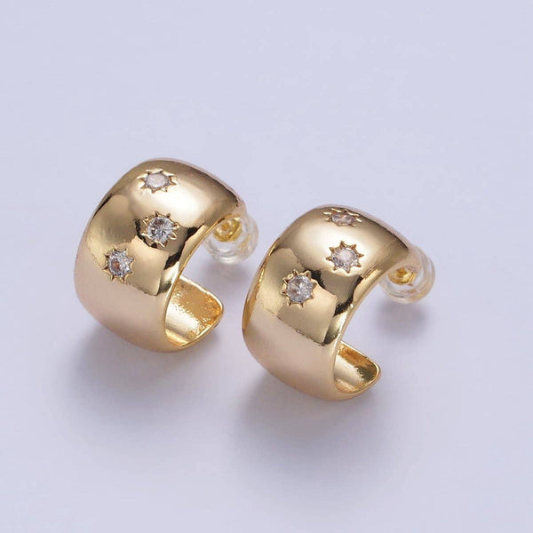 16K Gold Filled Celestial Sun Star Clear CZ Wide Dome 17mm C-Shaped Hoop Earring | AB173