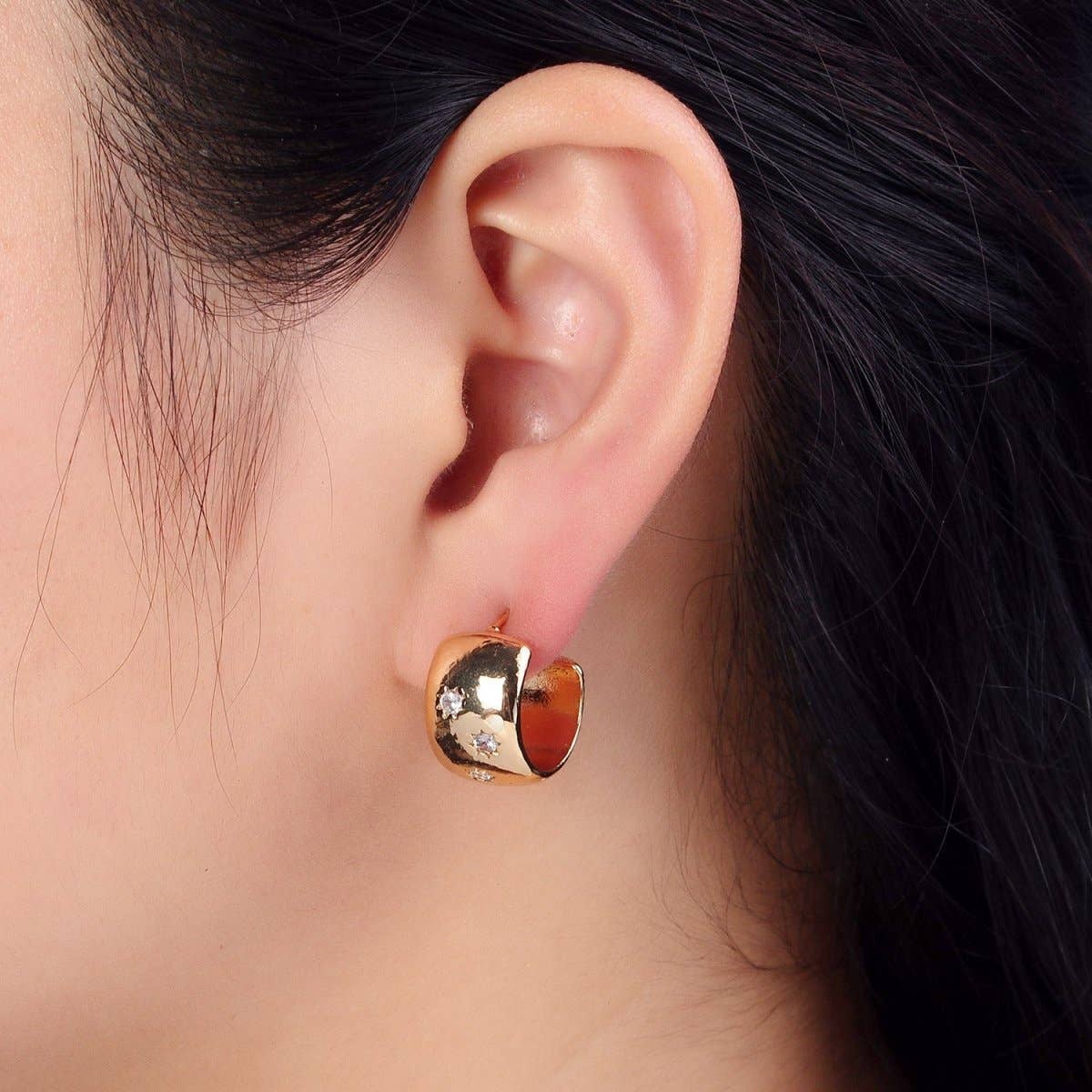16K Gold Filled Celestial Sun Star Clear CZ Wide Dome 17mm C-Shaped Hoop Earring | AB173