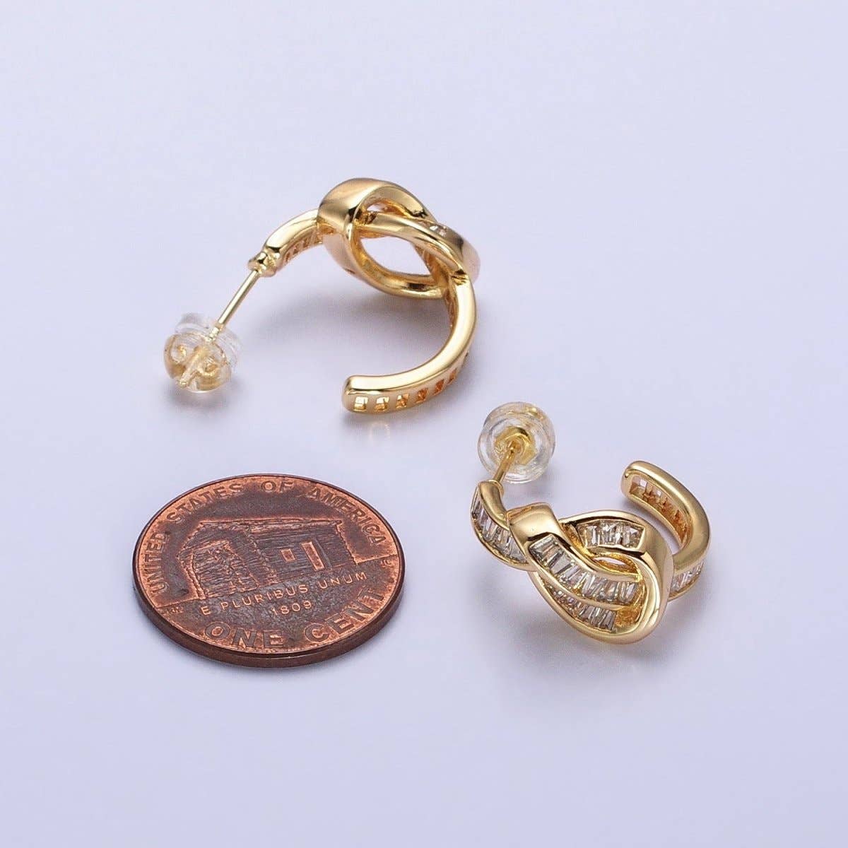 Gold Love knot Stud Earring Clear Cz Micro Pave Stone Hoop Earring AB675