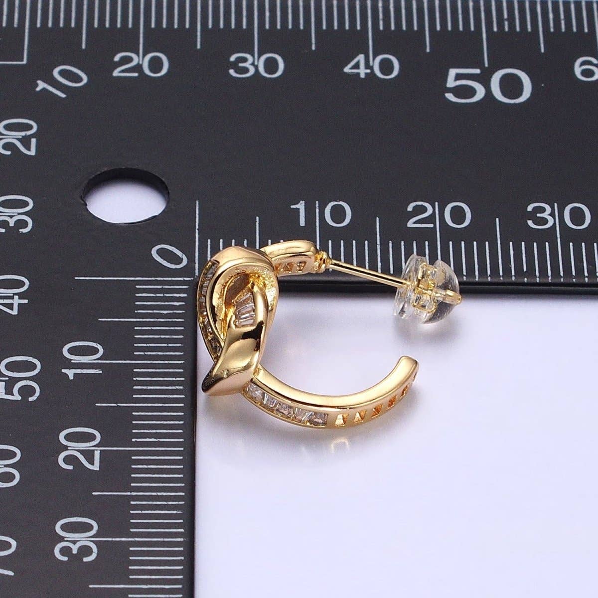 Gold Love knot Stud Earring Clear Cz Micro Pave Stone Hoop Earring AB675