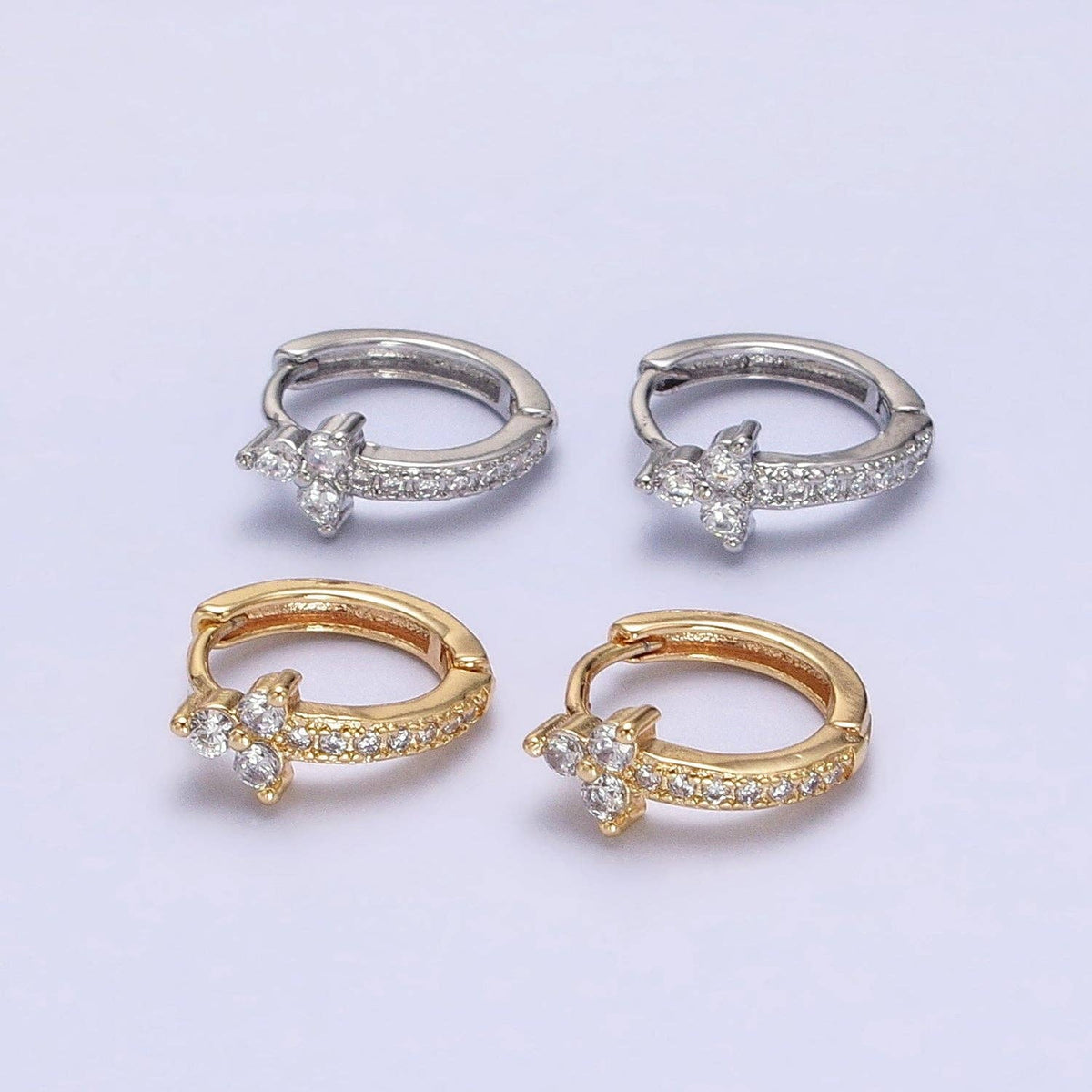 GoldFilled Clear CZ Lined Arrow Triple Flower Huggie Earring