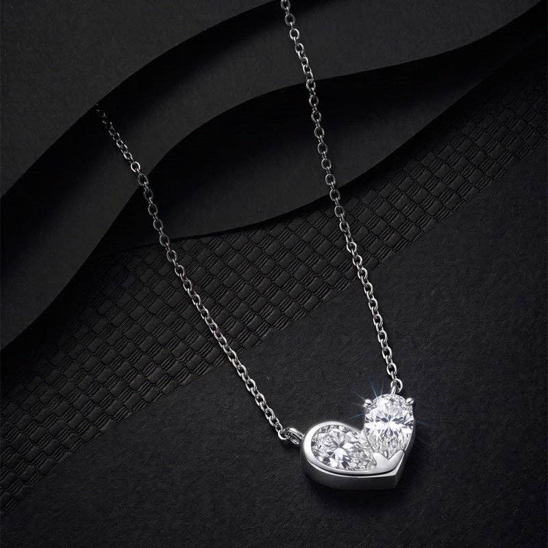 Dual Pear Moissanite Heart Necklace in 925 Sterling Silver