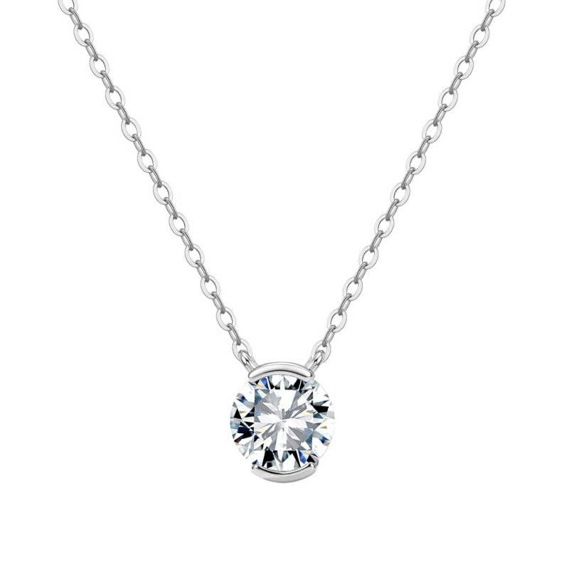 Round Moissanite Half-Bezel Necklace in 925 Sterling Silver