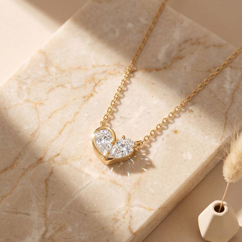 Dual Pear Moissanite Heart Necklace in 925 Sterling Silver