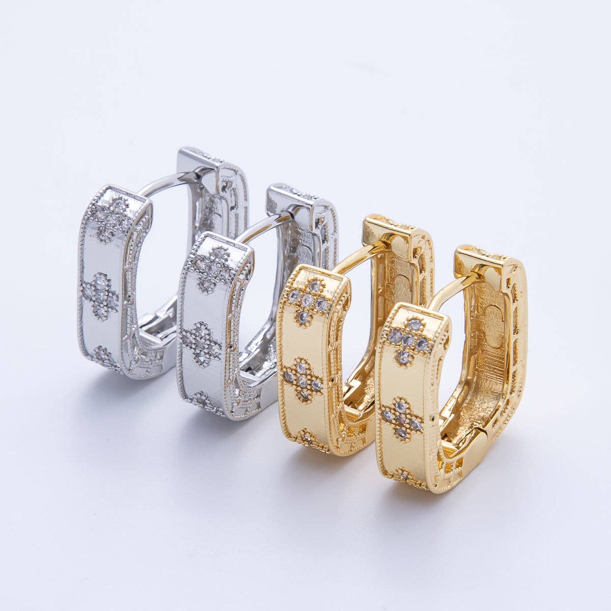 14K Gold Filled 19.5mm Flower CZ Square Hoop Earrings in Gold & Silver | Earr-00017 Earr-00018