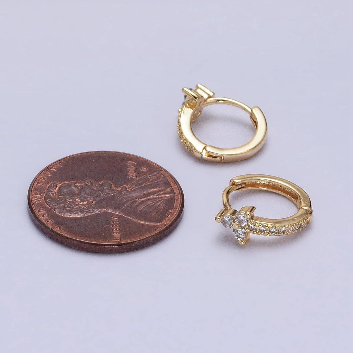 GoldFilled Clear CZ Lined Arrow Triple Flower Huggie Earring
