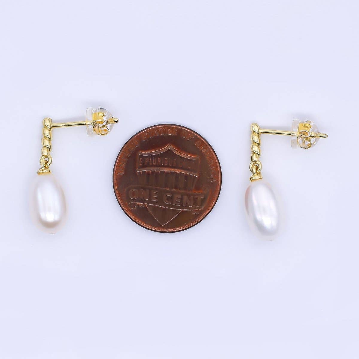24K Gold Filled Freshwater Pearl Oval Twirly Drop Stud Earrings | Q-436