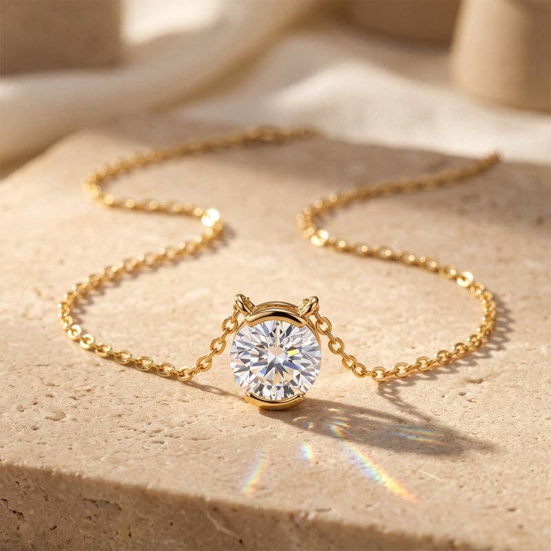 Round Moissanite Half-Bezel Necklace in 925 Sterling Silver