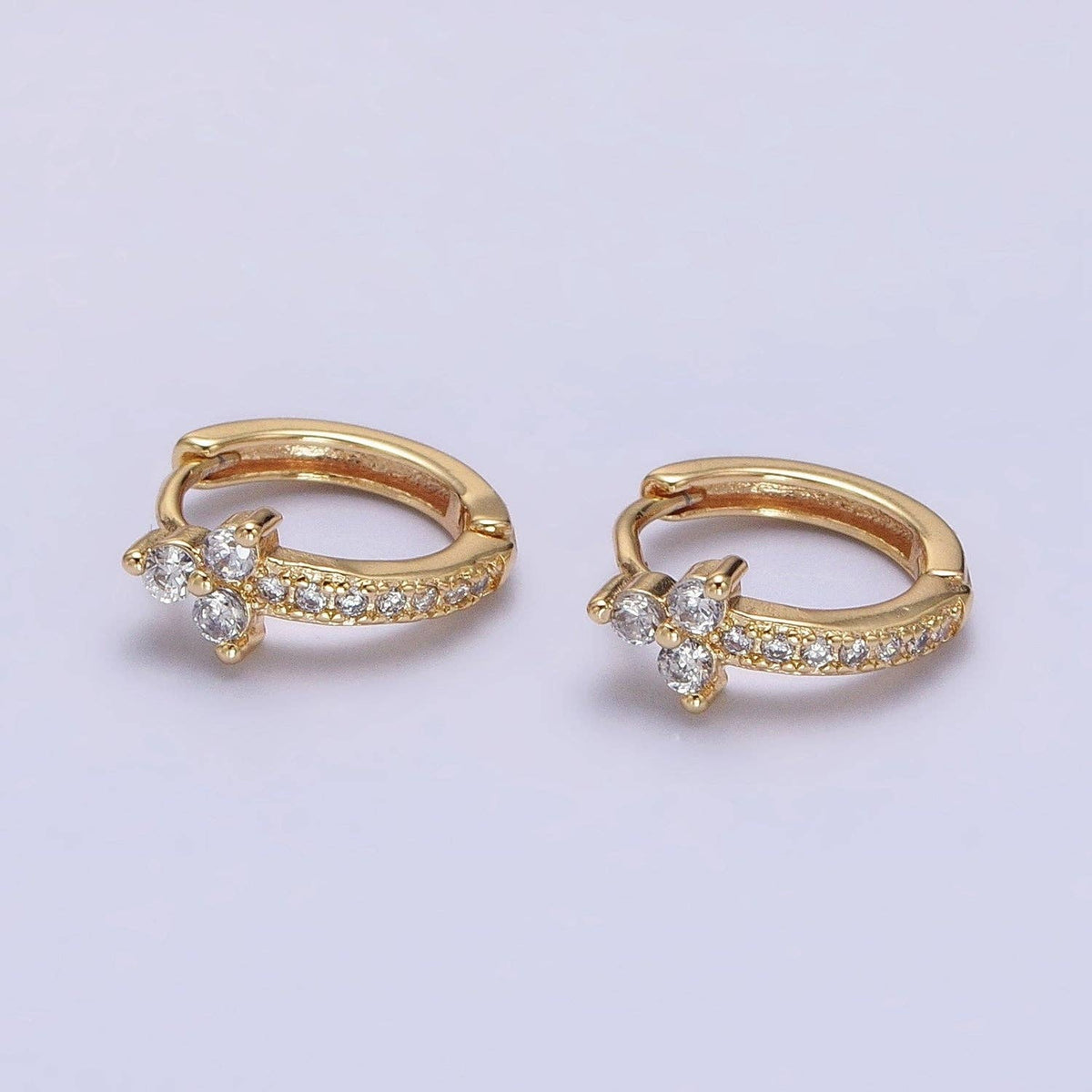GoldFilled Clear CZ Lined Arrow Triple Flower Huggie Earring