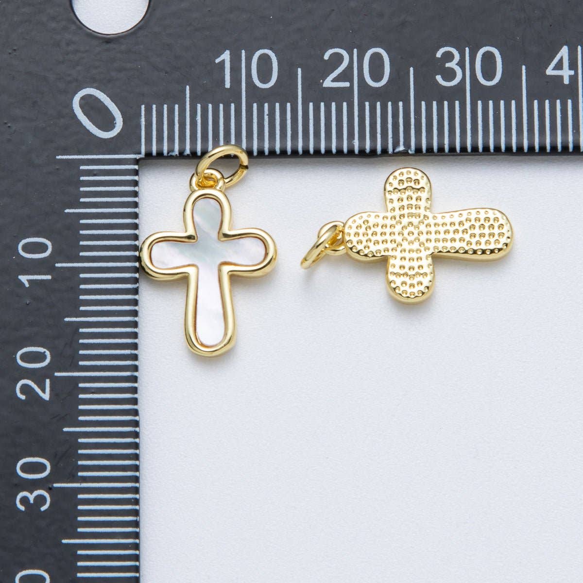 14K Gold Filled 17.2mm Shell Pearl Minimalist Religious Cross Charm | Charms-00040