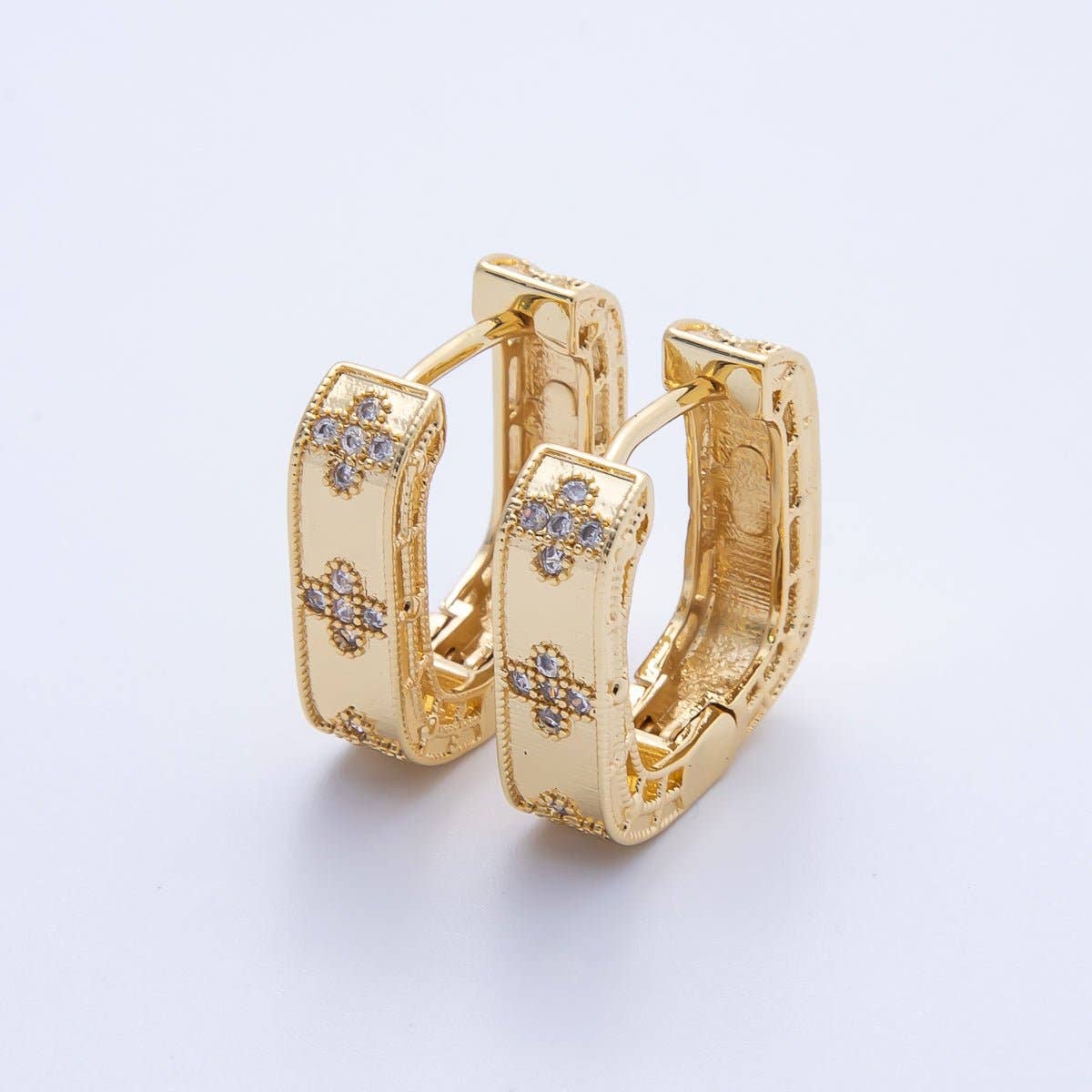 14K Gold Filled 19.5mm Flower CZ Square Hoop Earrings in Gold & Silver | Earr-00017 Earr-00018