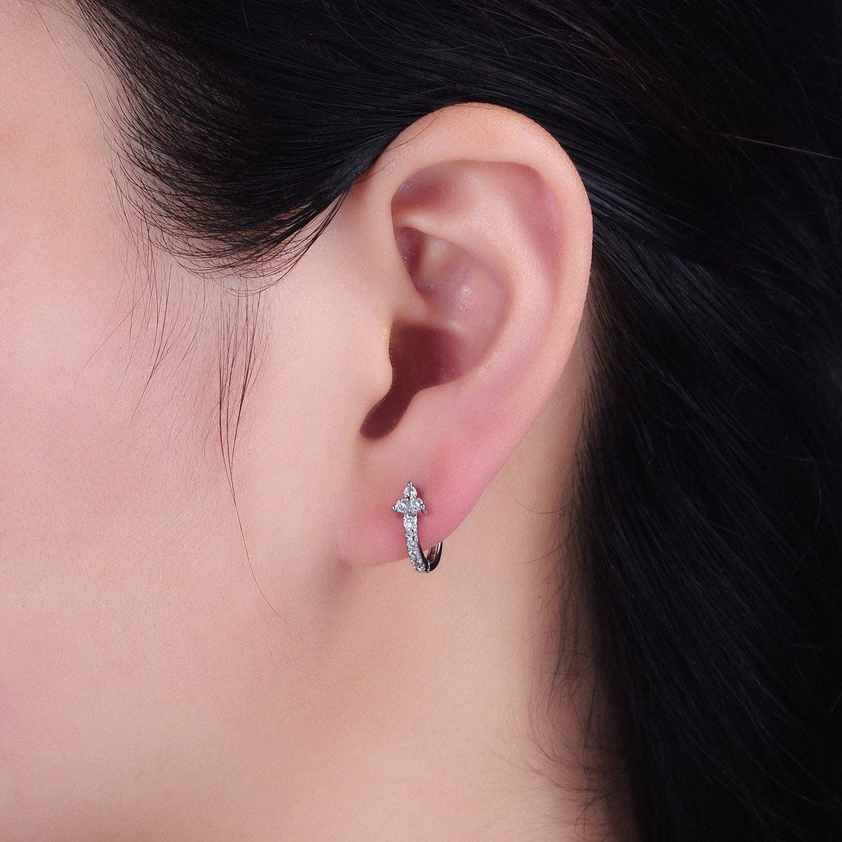 GoldFilled Clear CZ Lined Arrow Triple Flower Huggie Earring