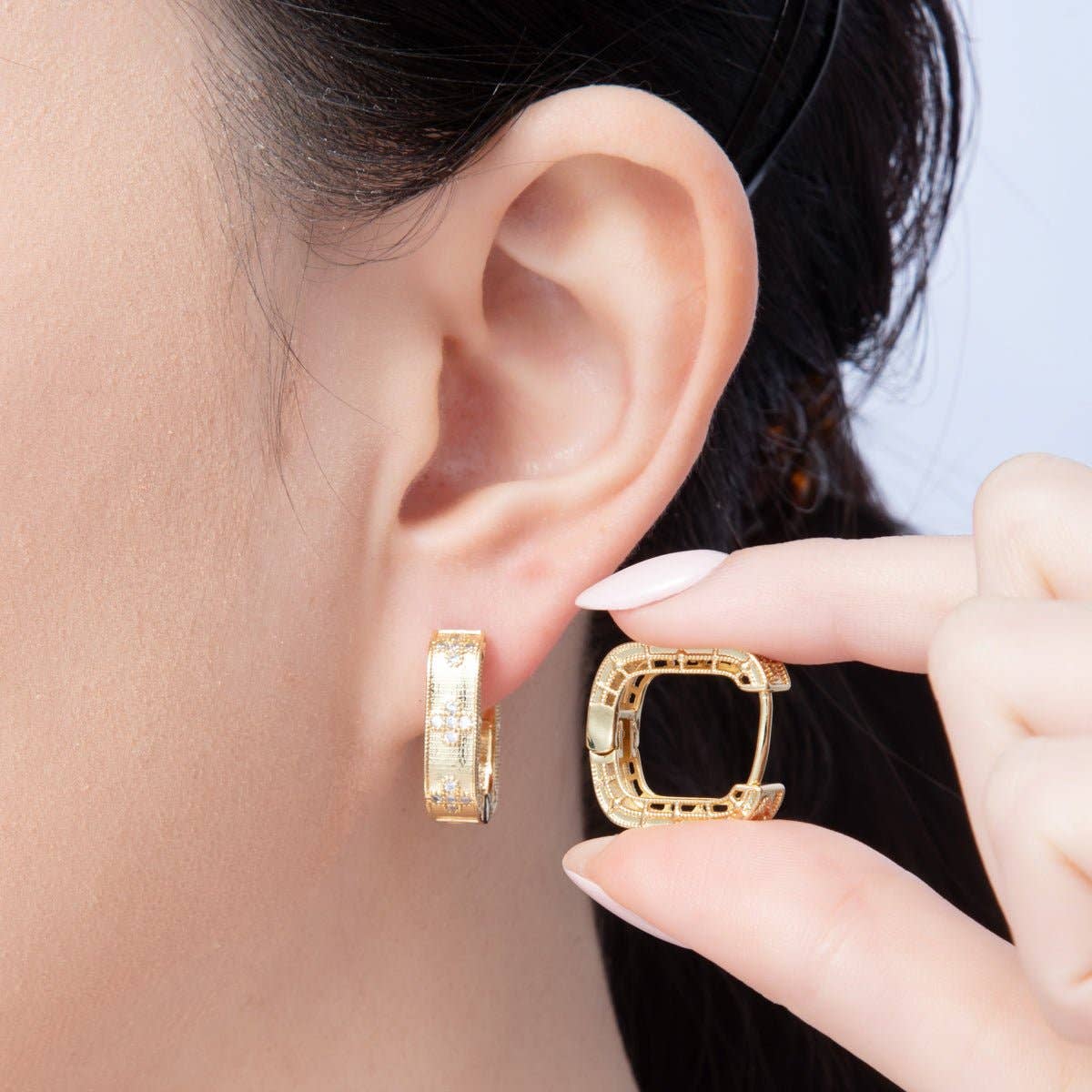 14K Gold Filled 19.5mm Flower CZ Square Hoop Earrings in Gold & Silver | Earr-00017 Earr-00018