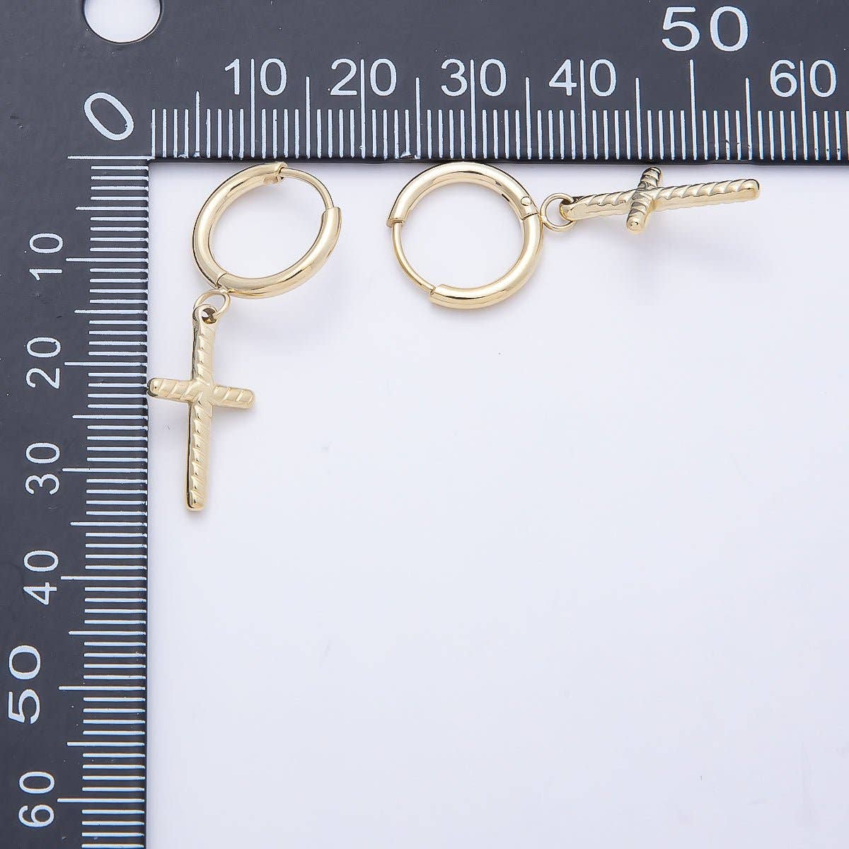 14K Gold Filled 35mm Ribbed Religious Cross Drop Huggie Earrings | Earrings-00647