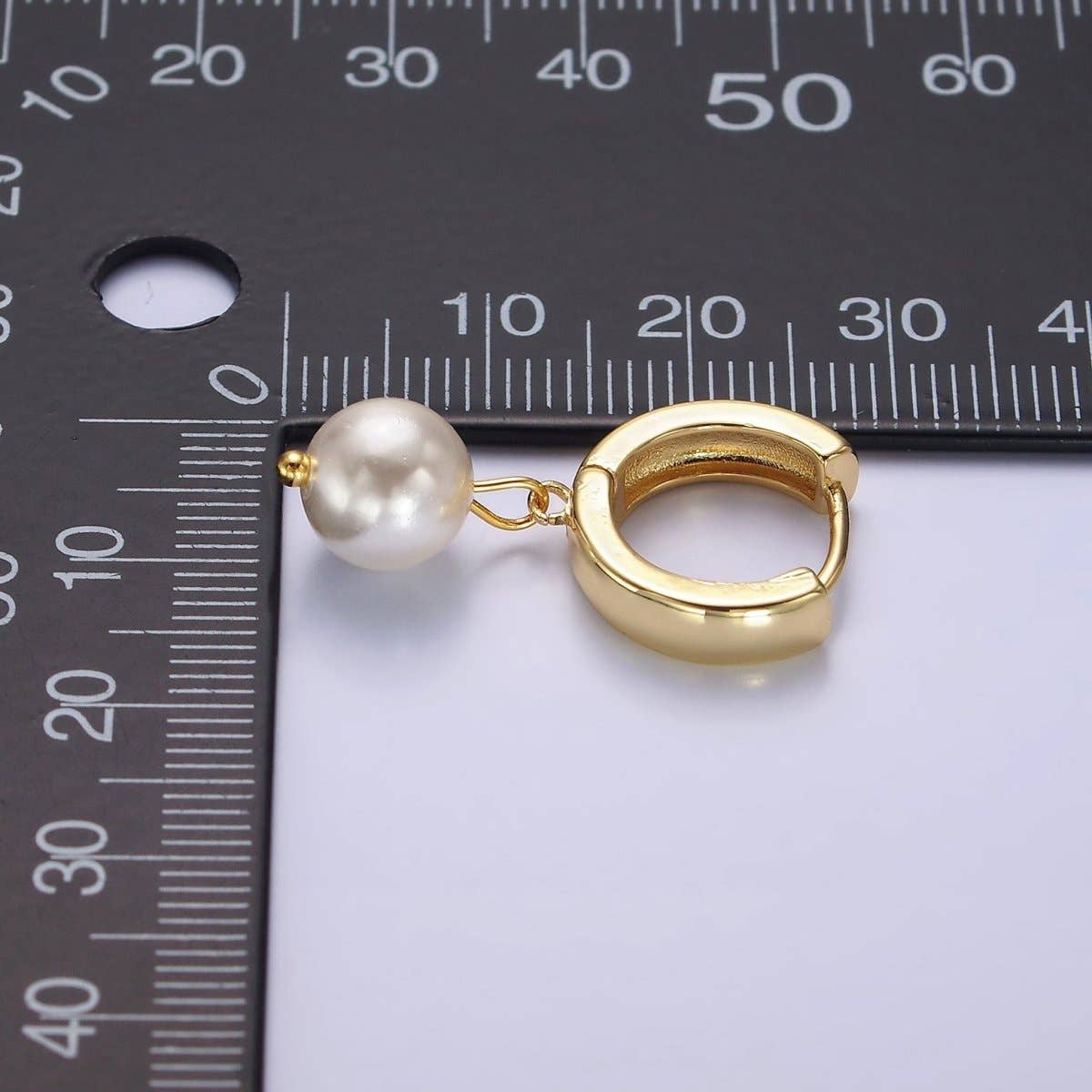 14K Gold Filled Shell Pearl Drop Huggie Earrings Lever Back Hoop Earring | AE673